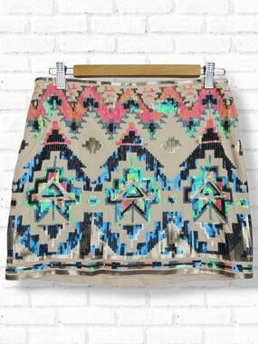 Express Holo Sequin Art Deco Western Festival Stretchy Pull On Mini Skirt S NWT